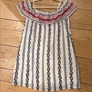 Women’s White Off-Shoulder Dress with Navy Floral Stripe